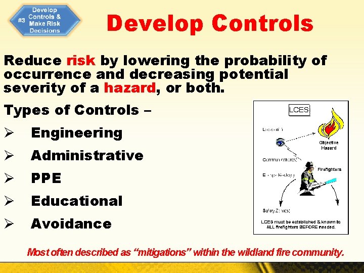 Develop Controls Reduce risk by lowering the probability of occurrence and decreasing potential severity
