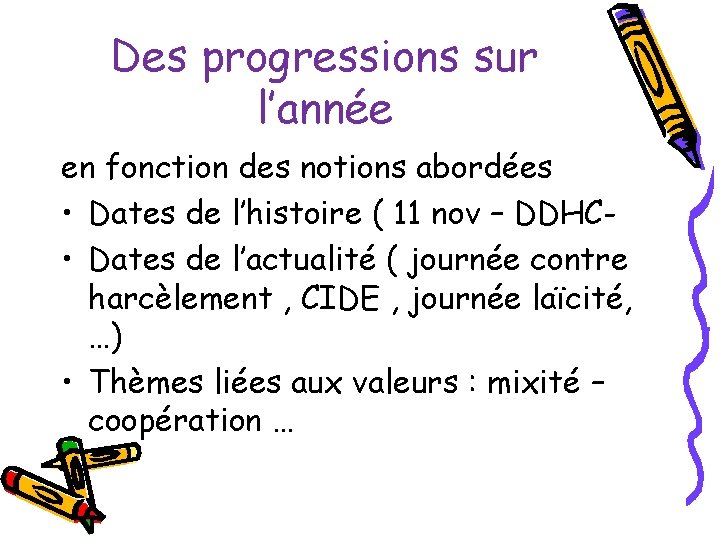 Des progressions sur l’année en fonction des notions abordées • Dates de l’histoire (