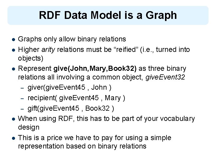 RDF Data Model is a Graph l l l Graphs only allow binary relations