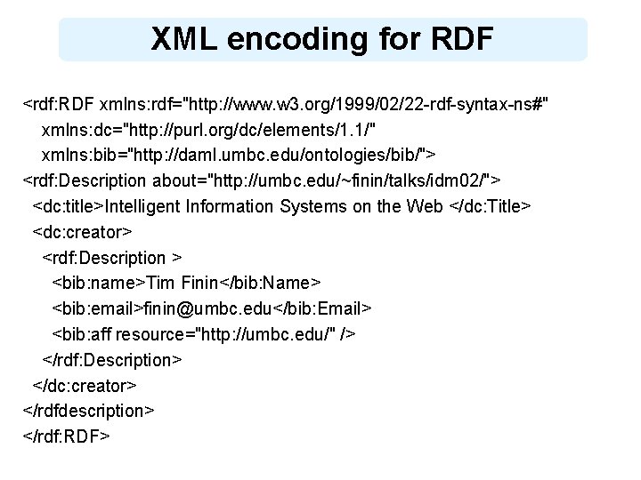 XML encoding for RDF <rdf: RDF xmlns: rdf="http: //www. w 3. org/1999/02/22 -rdf-syntax-ns#" xmlns: