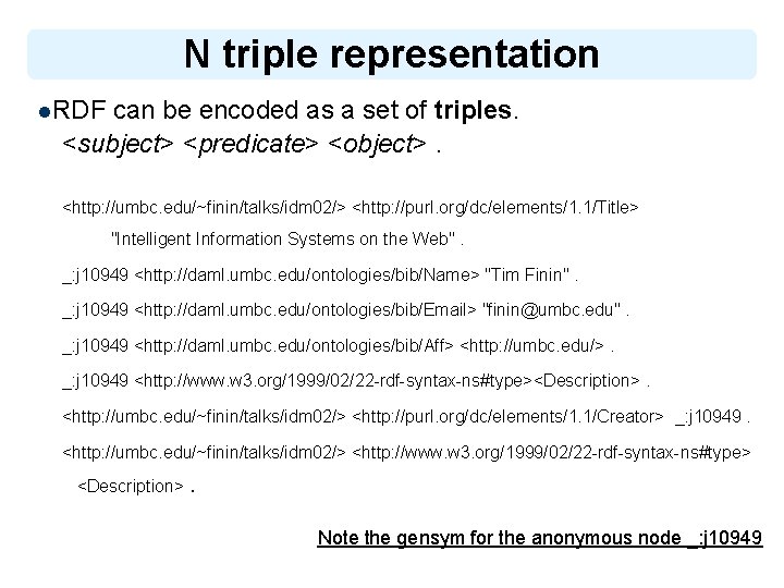 N triple representation l. RDF can be encoded as a set of triples. <subject>