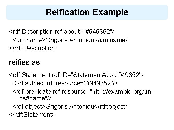 Reification Example <rdf: Description rdf: about="#949352"> <uni: name>Grigoris Antoniou</uni: name> </rdf: Description> reifies as