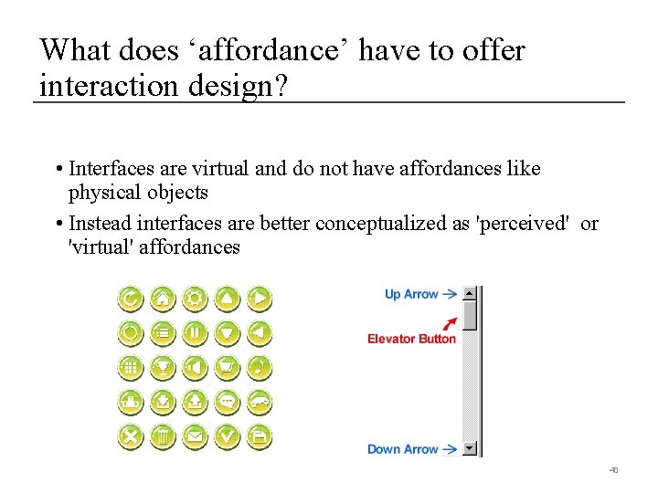 What does ‘affordance’ have to offer interaction design? • Interfaces are virtual and do
