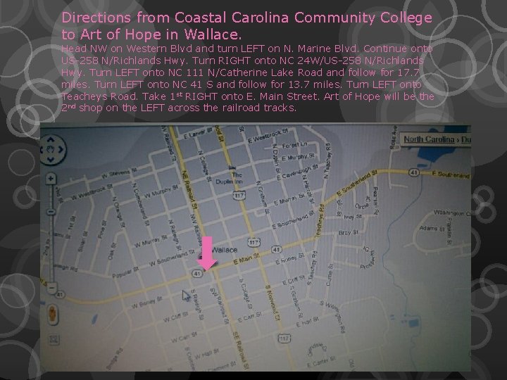 Directions from Coastal Carolina Community College to Art of Hope in Wallace. Head NW