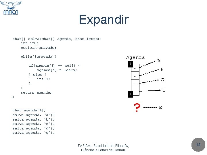 Expandir char[] salva(char[] agenda, char letra){ int i=0; boolean gravado; while(!gravado){ Agenda if(agenda[i] ==