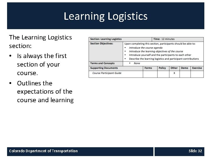 Learning Logistics The Learning Logistics section: • Is always the first section of your