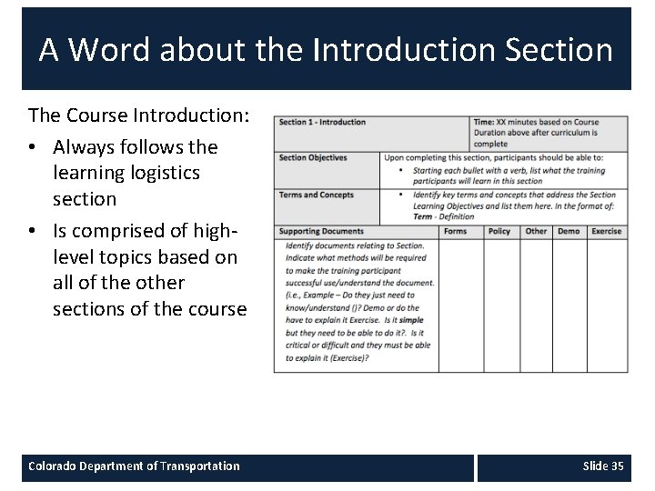 A Word about the Introduction Section The Course Introduction: • Always follows the learning