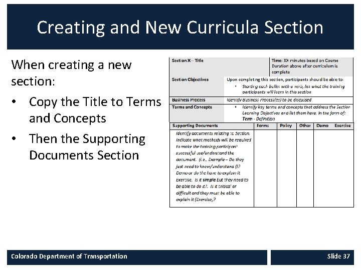 Creating and New Curricula Section When creating a new section: • Copy the Title