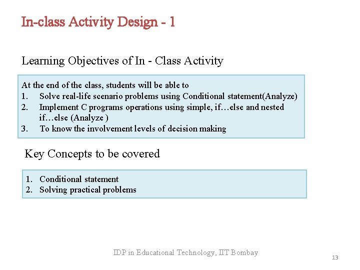 In-class Activity Design - 1 Learning Objectives of In - Class Activity At the