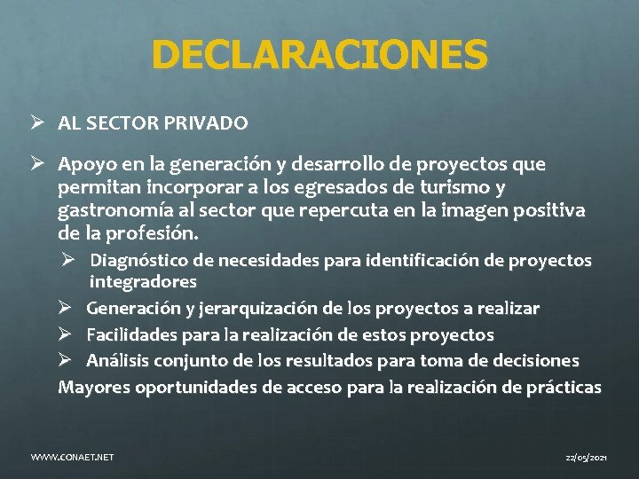 DECLARACIONES Ø AL SECTOR PRIVADO Ø Apoyo en la generación y desarrollo de proyectos