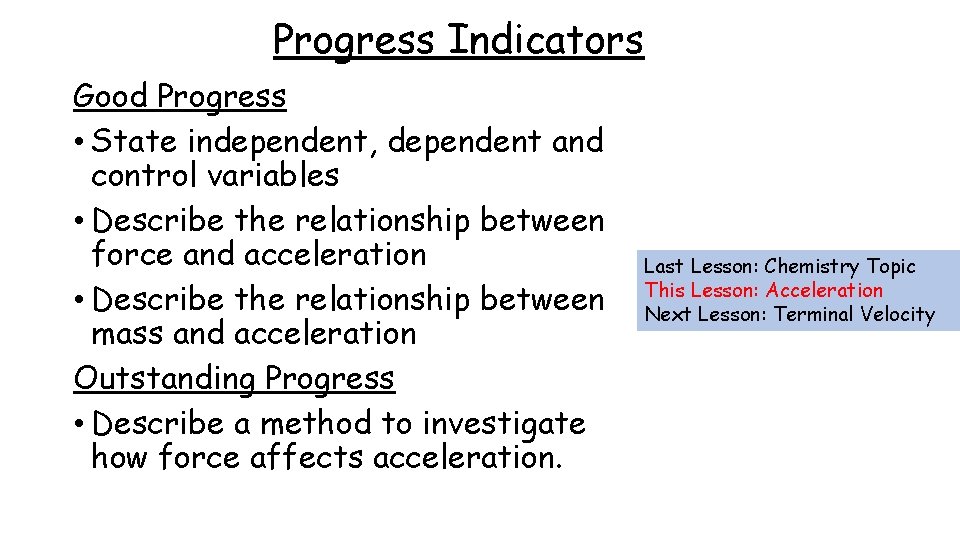Progress Indicators Good Progress • State independent, dependent and control variables • Describe the