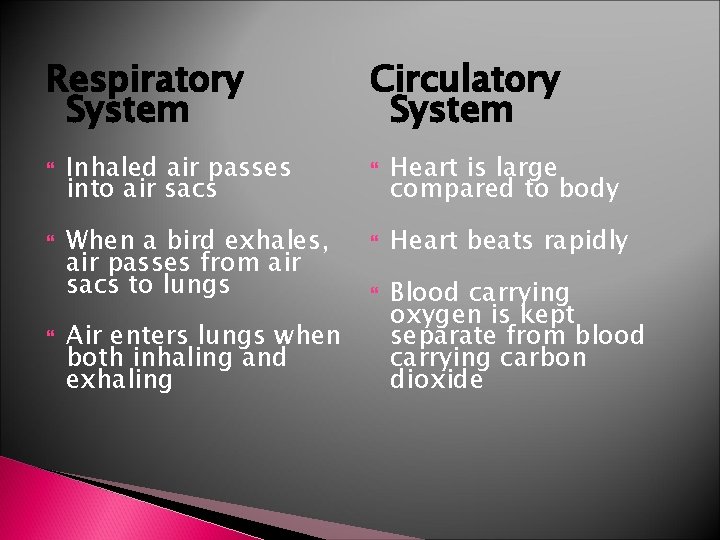 Respiratory System Inhaled air passes into air sacs When a bird exhales, air passes