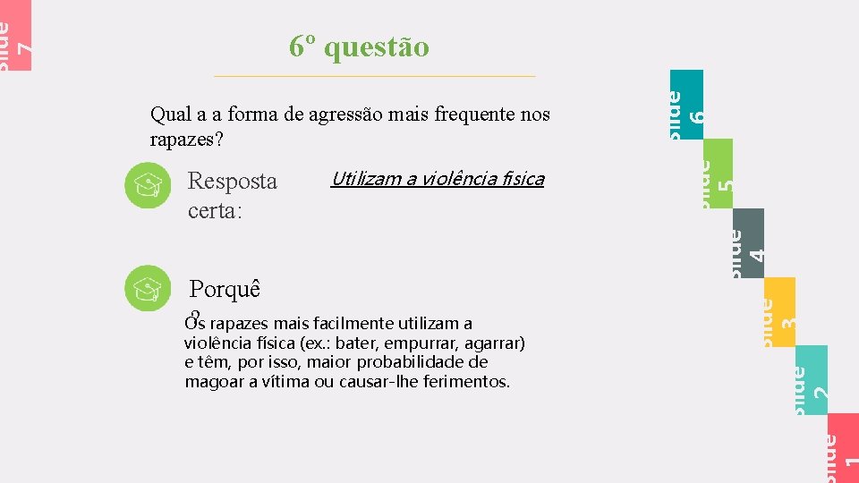 Slide 7 Qual a a forma de agressão mais frequente nos rapazes? Resposta certa:
