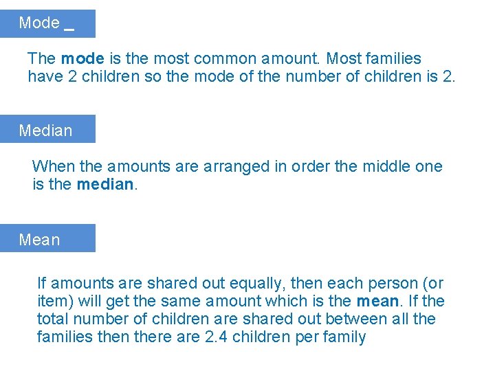 Mode The mode is the most common amount. Most families have 2 children so