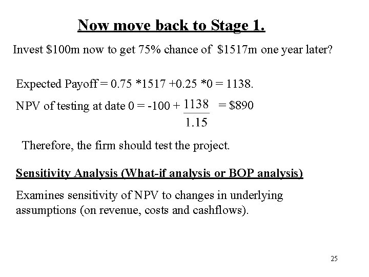 Now move back to Stage 1. Invest $100 m now to get 75% chance