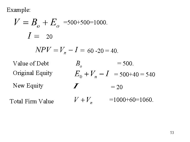 Example: =500+500=1000. 20 60 -20 = 40. Value of Debt Original Equity New Equity