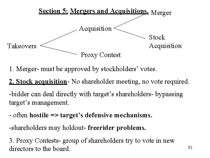 Section 5: Mergers and Acquisitions. Merger Acquisition Stock Acquisition Takeovers Proxy Contest 1. Merger-