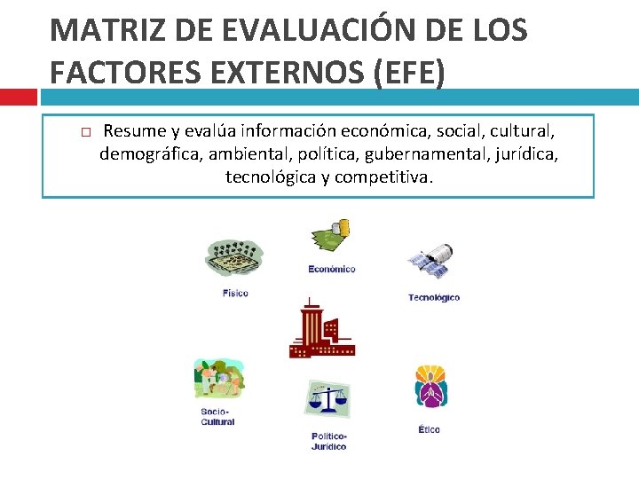 MATRIZ DE EVALUACIÓN DE LOS FACTORES EXTERNOS (EFE) Resume y evalúa información económica, social,