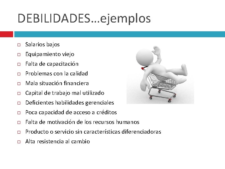 DEBILIDADES…ejemplos Salarios bajos Equipamiento viejo Falta de capacitación Problemas con la calidad Mala situación