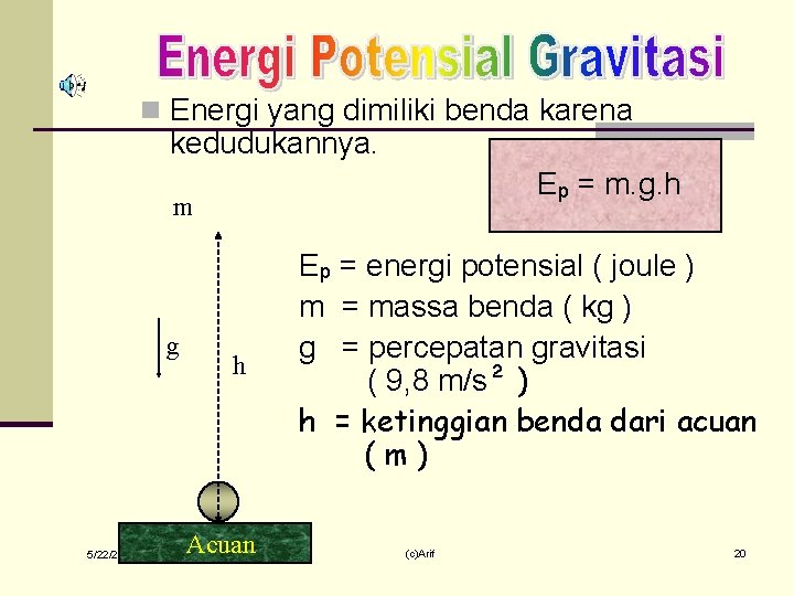 n Energi yang dimiliki benda karena kedudukannya. Ep = m. g. h m g