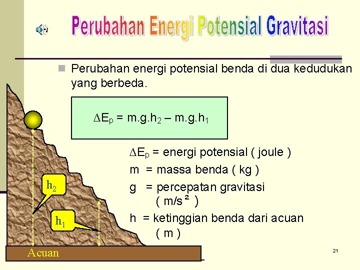 n Perubahan energi potensial benda di dua kedudukan yang berbeda. ∆Ep = m. g.