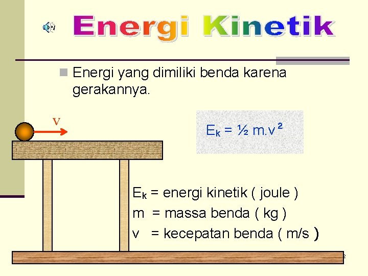 n Energi yang dimiliki benda karena gerakannya. v Ek = ½ m. v² Ek