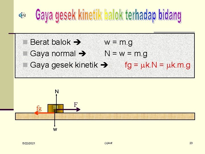 n Berat balok w = m. g n Gaya normal N = w =