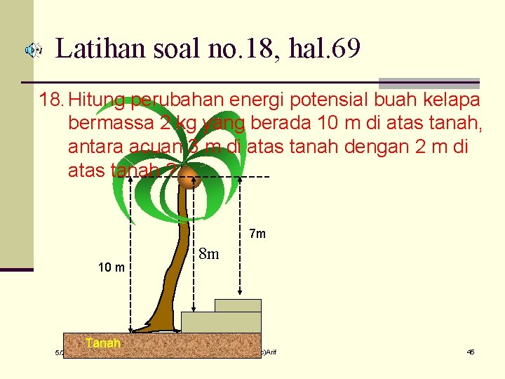 Latihan soal no. 18, hal. 69 18. Hitung perubahan energi potensial buah kelapa bermassa