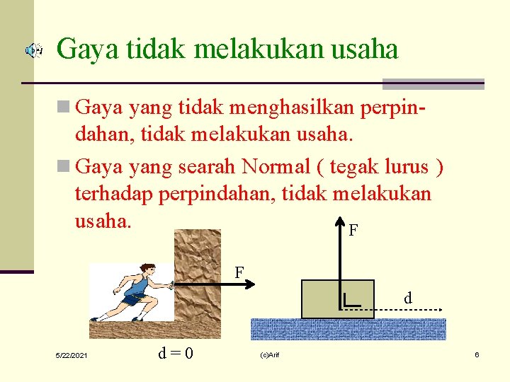 Gaya tidak melakukan usaha n Gaya yang tidak menghasilkan perpin- dahan, tidak melakukan usaha.