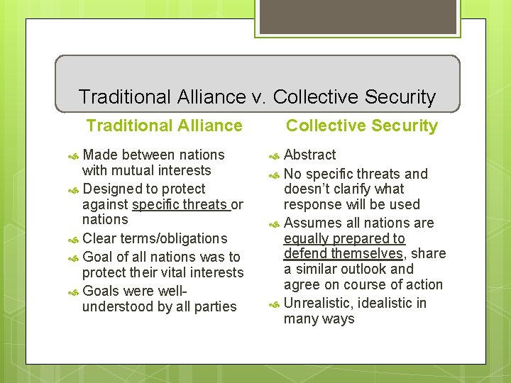 Traditional Alliance v. Collective Security Traditional Alliance Made between nations with mutual interests Designed