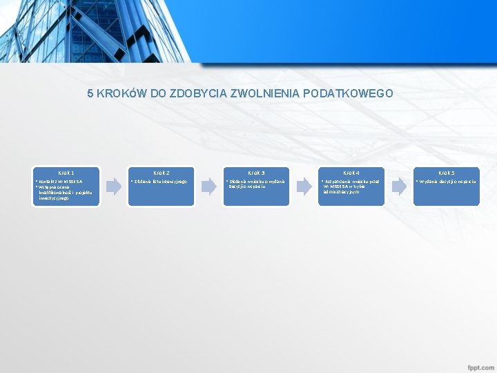 5 KROKÓW DO ZDOBYCIA ZWOLNIENIA PODATKOWEGO Krok 1 • Kontakt z W-M SSE SA 5 KROKÓW DO ZDOBYCIA ZWOLNIENIA PODATKOWEGO Krok 1 • Kontakt z W-M SSE SA
