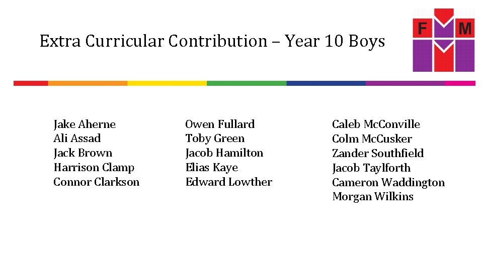 Extra Curricular Contribution – Year 10 Boys Jake Aherne Ali Assad Jack Brown Harrison