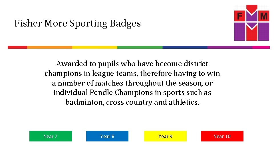 Fisher More Sporting Badges Awarded to pupils who have become district champions in league