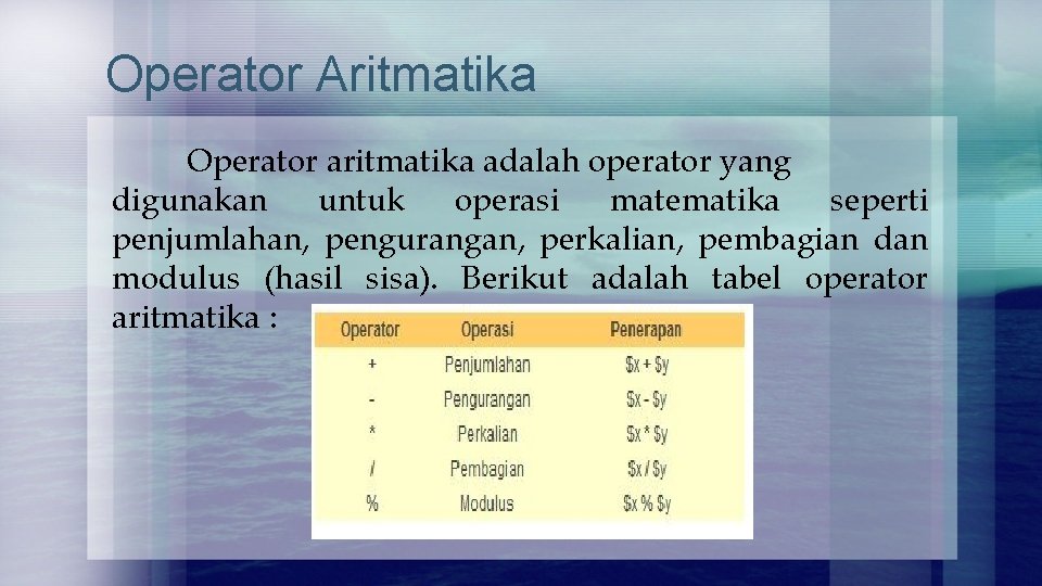 Operator Aritmatika Operator aritmatika adalah operator yang digunakan untuk operasi matematika seperti penjumlahan, pengurangan, Operator Aritmatika Operator aritmatika adalah operator yang digunakan untuk operasi matematika seperti penjumlahan, pengurangan,