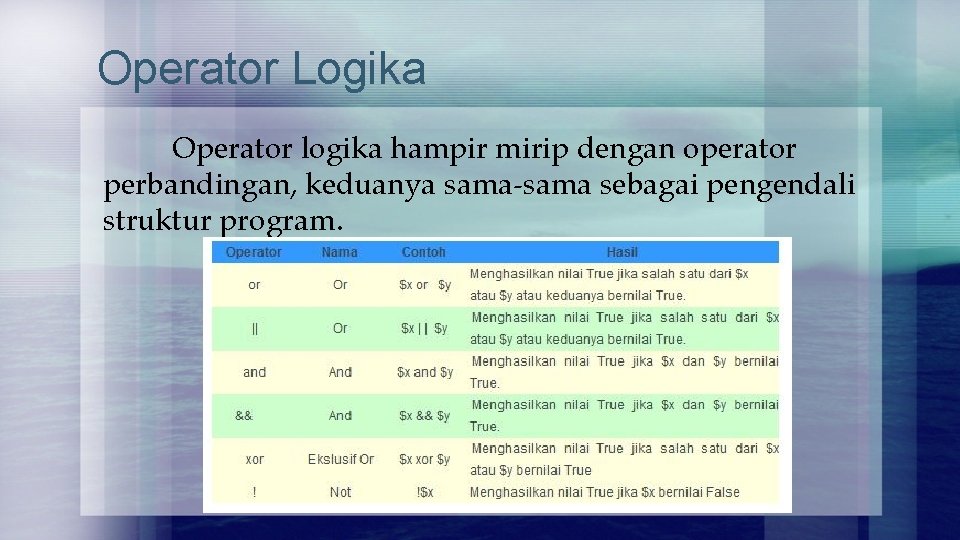 Operator Logika Operator logika hampir mirip dengan operator perbandingan, keduanya sama-sama sebagai pengendali struktur Operator Logika Operator logika hampir mirip dengan operator perbandingan, keduanya sama-sama sebagai pengendali struktur