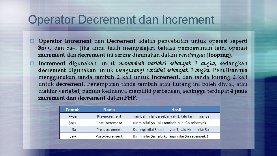 Operator Decrement dan Increment Operator Increment dan Decrement adalah penyebutan untuk operasi seperti $a++, Operator Decrement dan Increment Operator Increment dan Decrement adalah penyebutan untuk operasi seperti $a++,