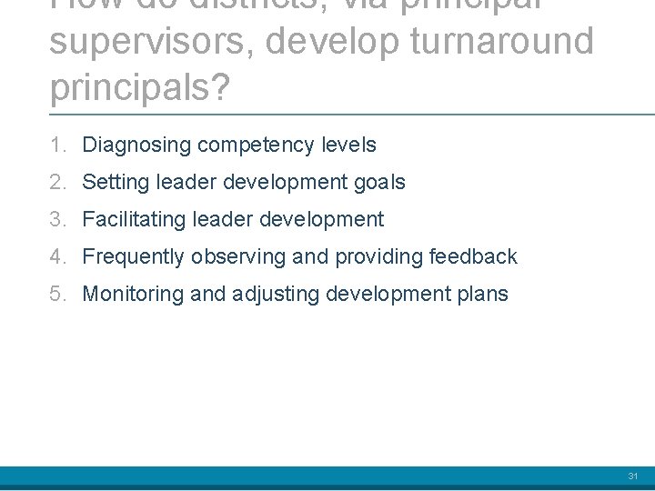How do districts, via principal supervisors, develop turnaround principals? 1. Diagnosing competency levels 2.