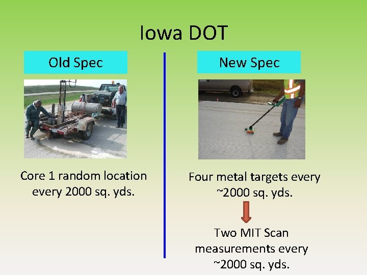 Iowa DOT Old Spec Core 1 random location every 2000 sq. yds. New Spec Iowa DOT Old Spec Core 1 random location every 2000 sq. yds. New Spec