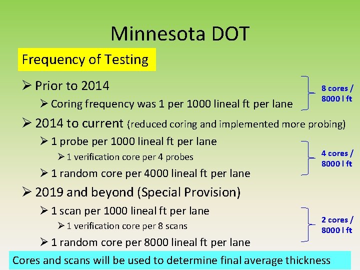 Minnesota DOT Frequency of Testing Ø Prior to 2014 Ø Coring frequency was 1 Minnesota DOT Frequency of Testing Ø Prior to 2014 Ø Coring frequency was 1