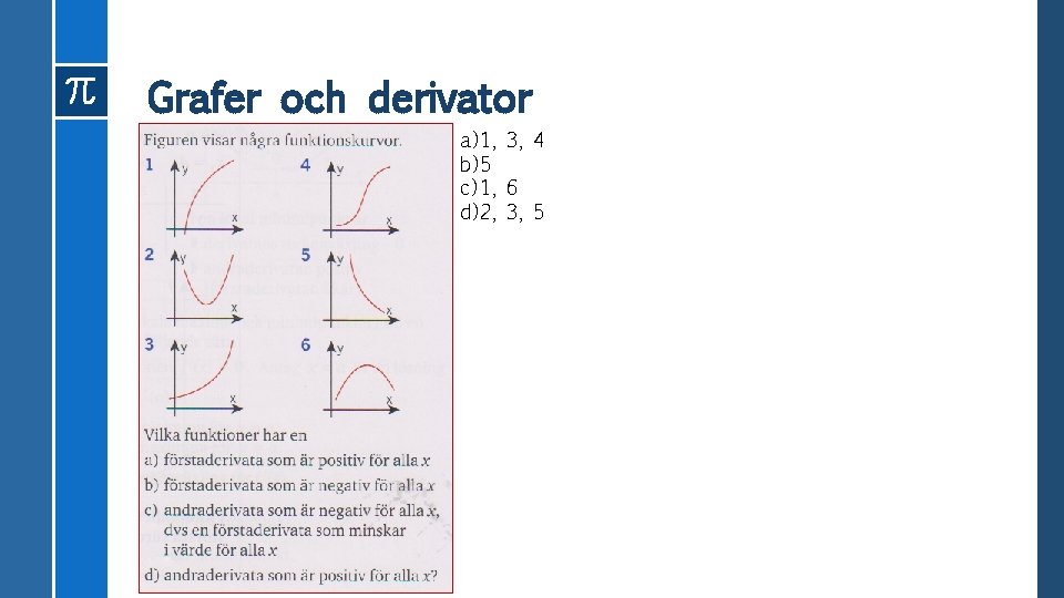 Grafer och derivator a) 1, 3, 4 b) 5 c) 1, 6 d) 2,