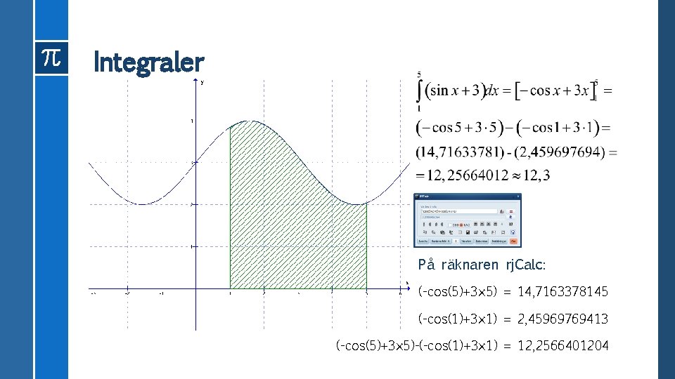 Integraler På räknaren rj. Calc: (-cos(5)+3× 5) = 14, 7163378145 (-cos(1)+3× 1) = 2,