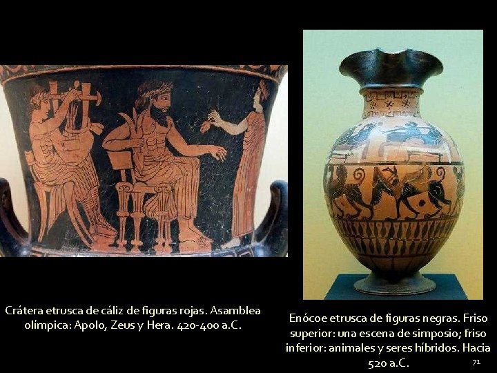 Crátera etrusca de cáliz de figuras rojas. Asamblea olímpica: Apolo, Zeus y Hera. 420