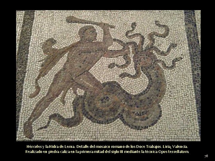 Hércules y la Hidra de Lerna. Detalle del mosaico romano de los Doce Trabajos.