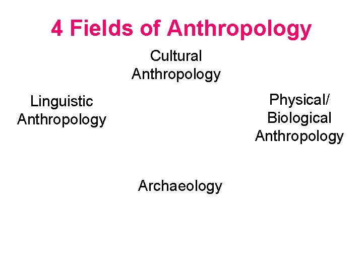 4 Fields of Anthropology Cultural Anthropology Physical/ Biological Anthropology Linguistic Anthropology Archaeology 