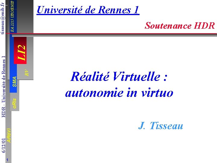 EA 2215 UBO/ENIB Soutenance HDR 6/12/01 ARéVi o. Ris SMA RV HDR - Université