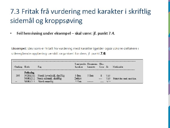 7. 3 Fritak frå vurdering med karakter i skriftlig sidemål og kroppsøving • Feil