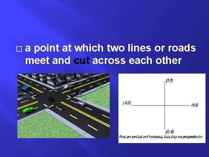 � a point at which two lines or roads meet and cut across each
