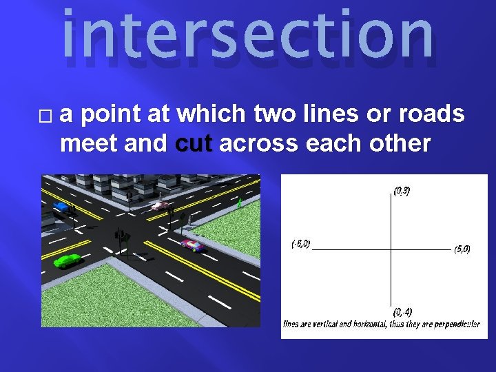 intersection � a point at which two lines or roads meet and cut across