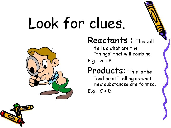 Look for clues. Reactants : This will tell us what are the “things” that