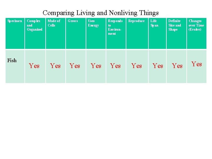 Comparing Living and Nonliving Things Specimen Fish Complex and Organized Yes Made of Cells